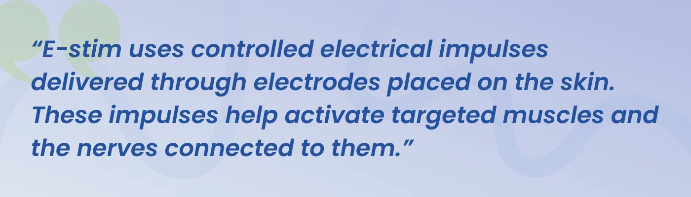Quote from ProWellness Family Chiropractic: e-stim uses controlled electrical impulses delivered through electrodes placed on the skin to help activate targeted muscles and the nerves connected to them
