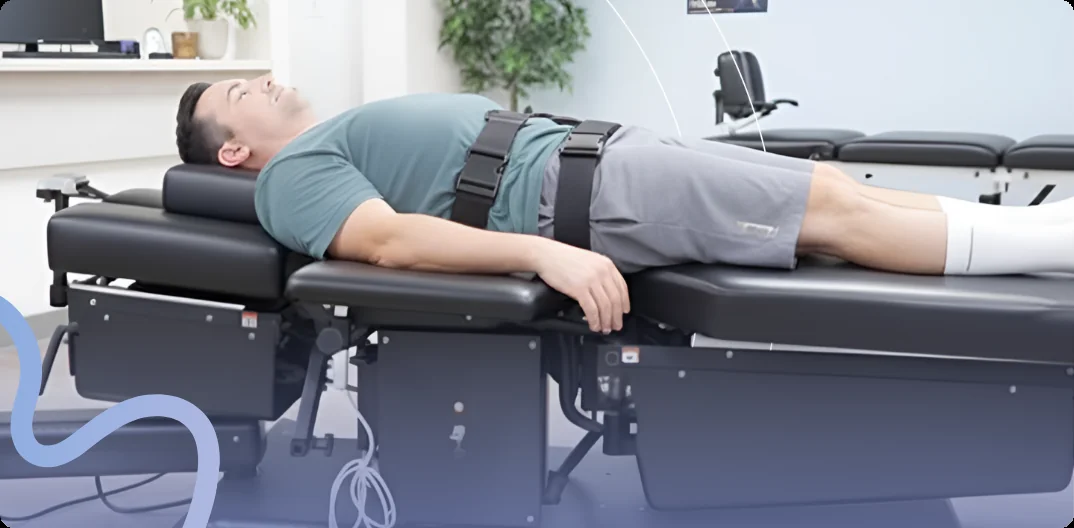Patient lying secured on a motorized spinal decompression table in a chiropractic clinic
